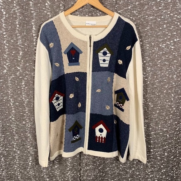 croft & barrow Sweaters - Croft & Barrow Knit Full Zip Patchwork Birdhouse Sweater Women's Cottagecore